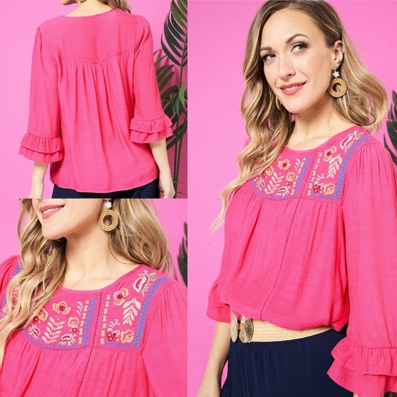 Figueroa & Flower pink embroidered ruffle sleeve blouse size XL peasant bohemian - Picture 1 of 10